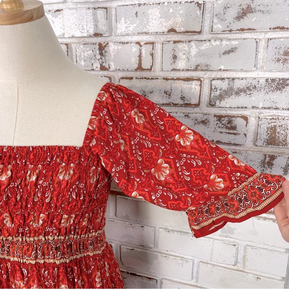 Red Bright Boho Floral Puff Shoulder Smocked Top Ruffle Hem Midi Dress L - Picture 3 of 9